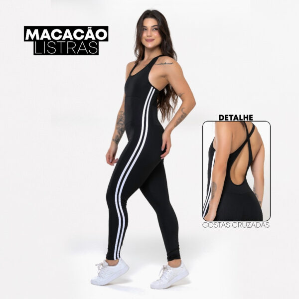 Macacão Fitness Feminino Listrado em Poliéster Duplo Trançado  Zero Transparência