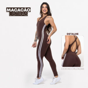 Macacão Fitness Feminino Listrado em Poliéster Duplo Trançado  Zero Transparência