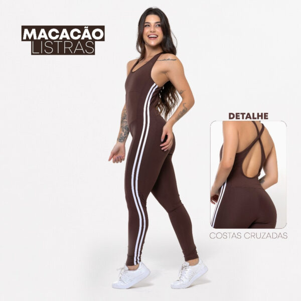 Macacão Fitness Feminino Listrado em Poliéster Duplo Trançado  Zero Transparência