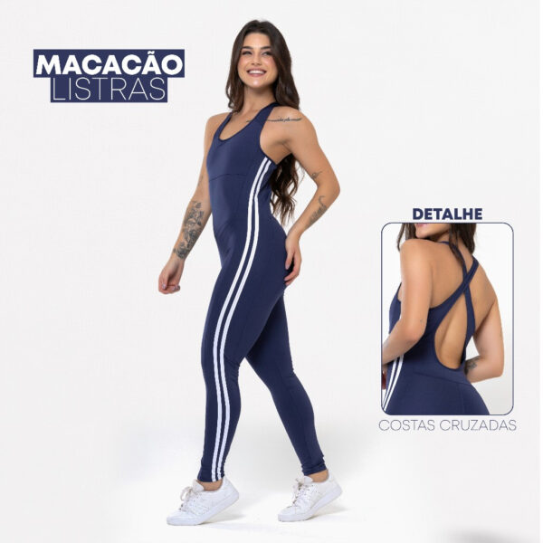 Macacão Fitness Feminino Listrado em Poliéster Duplo Trançado  Zero Transparência