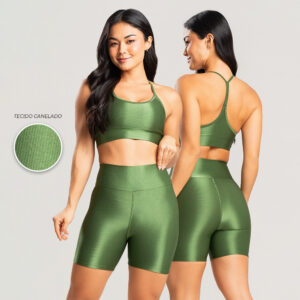 Conjunto fitness canelado academia top short feminino com brilho premium